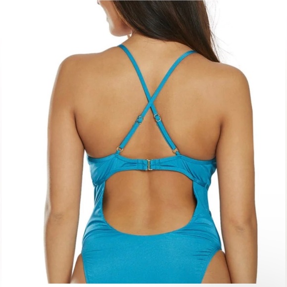 BCBG MAXAZRIA Core Solids Plunge One Piece Swimsuit 10 Teal - Picture 2 of 6